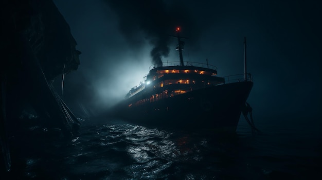 Foto escena noturna grande barco flutuando em águas escuras halloween