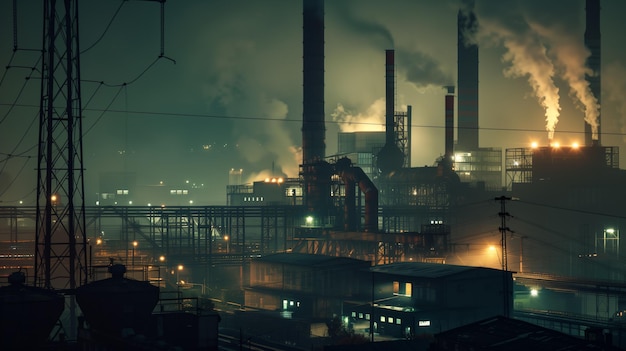 Escena noturna industrial com emissões de chaminé