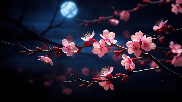 Escena noturna romântica Uma linda flor rosa floresce no céu noturno com a lua cheia uma flor de sakura à noite