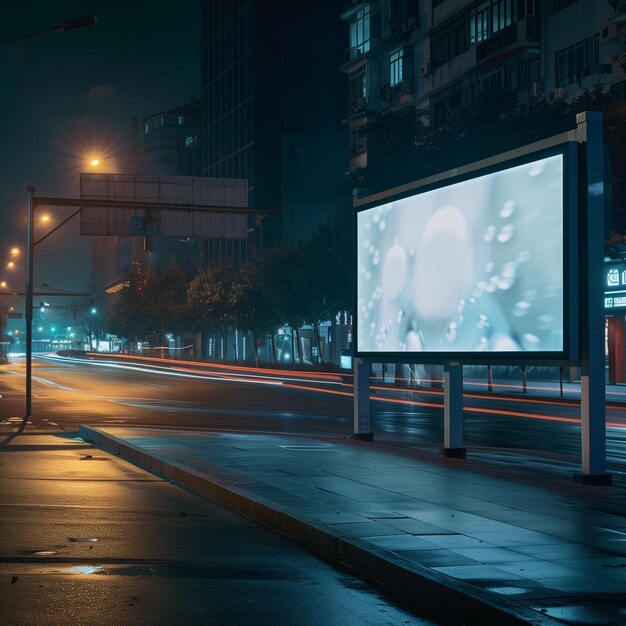 Escena noturna urbana com cartaz em branco pronto para publicidade em uma rua deserta