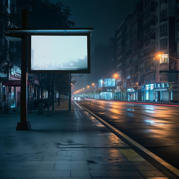 Escena noturna urbana com cartaz em branco pronto para publicidade em uma rua deserta