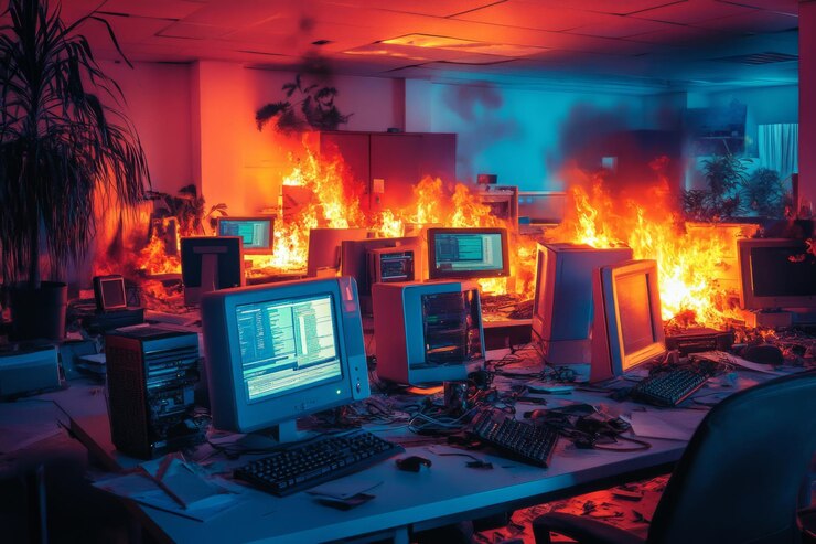 Foto una escena de oficina caótica llena de computadoras en llamas y llamas giratorias los colores intensos crean una atmósfera dramática este es el arte digital que expresa la agitación ia generativa