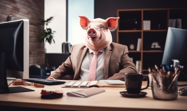 Foto escena de oficina con un cerdo bien vestido trabajando atentamente frente a una computadora en un ambiente sereno ai generative