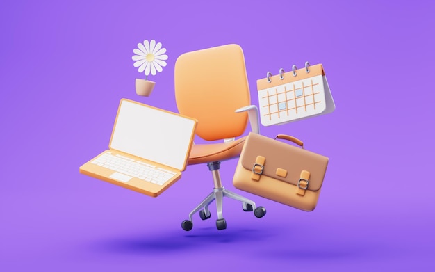 Escena de la oficina con suministros de oficina 3D representación ilustración 3D