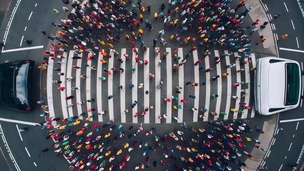 Foto escena de ojos de pez de personas indefinidas y multitud de coches caminando en la intersección de peatones