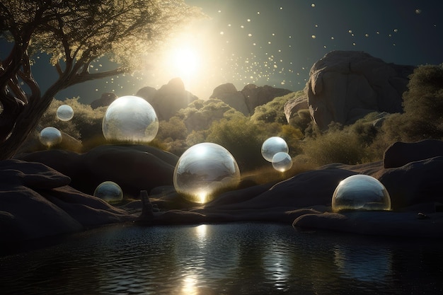 Escena onírica de un paisaje surrealista con esferas flotantes de luz creadas con IA generativa