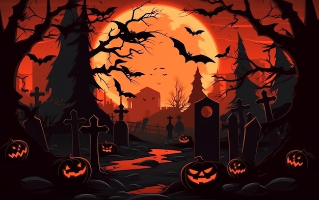 Una escena oscura de Halloween con calabazas y murciélagos en el cementerio generativo ai