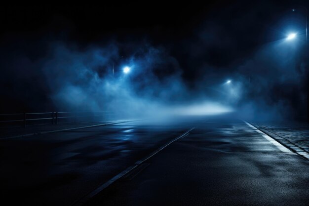 Escena oscura vacía luz de búsqueda de neón azul luz asfalto húmedo humo rayos de visión nocturna