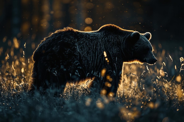 Escena de un oso con una silueta fantasmal su forma se mezcla con las sombras del bosque