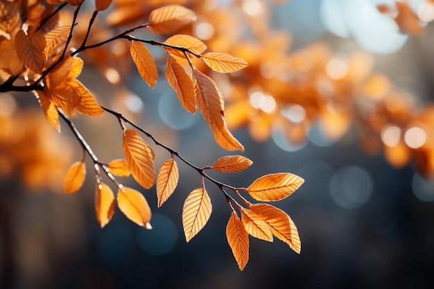Escena de otoño bañada por el sol con hojas amarillas vibrantes en las ramas