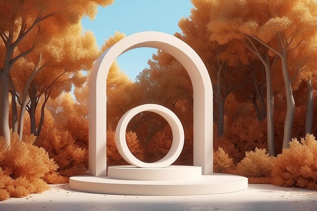 Escena de otoño con formas geométricas arco con un podio en la luz natural del día