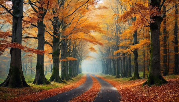 escena de otoño con hojas doradas en un camino sinuoso creando un viaje pintoresco a través de la naturaleza c