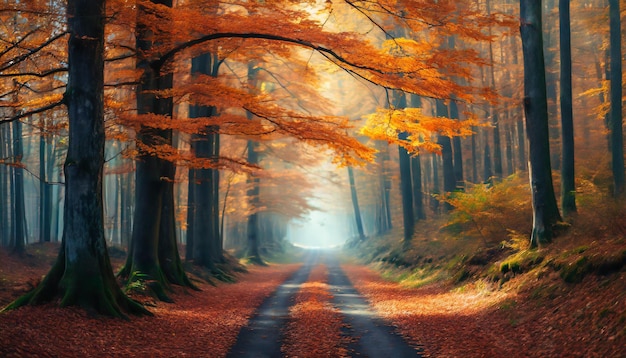 escena de otoño con hojas doradas en un camino sinuoso creando un viaje pintoresco a través de la naturaleza c