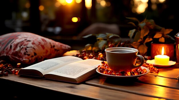 Escena de otoño Un libro abierto sobre una mesa Buenos días al fondo