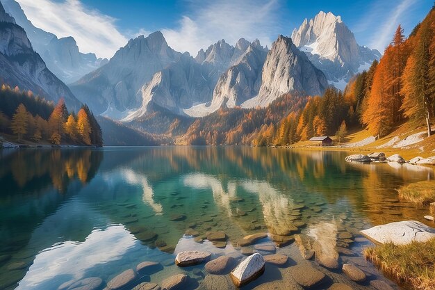 Escena de otoño pacífica del lago Vorderer Gosausee con Dachstein glacieron de fondo Vista matutina pintoresca de los Alpes austriacos Alta Austria Europa Concepto de viaje de fondo