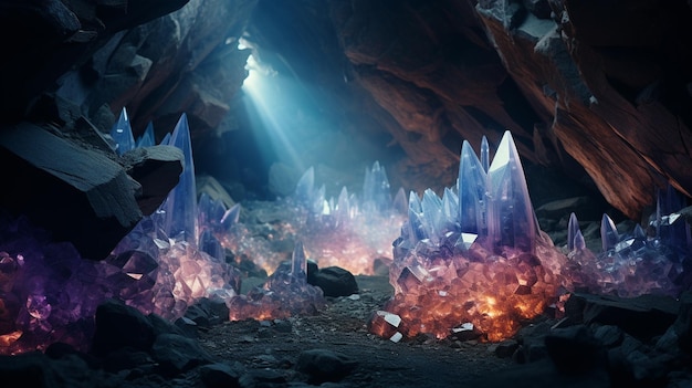 Una escena de otro mundo de una cueva de cristal iluminada con coloridas luces LED que evocan una sensación de mag