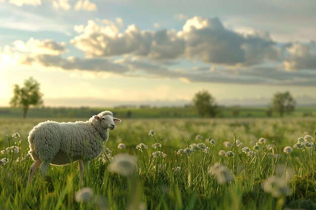 Foto una escena pacífica en el campo con ovejas pastando