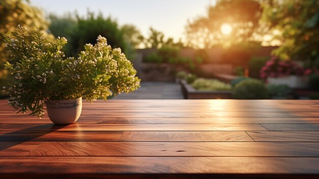 Una escena pacífica en el jardín con un cálido follaje iluminado por el sol y una planta en flor sobre una mesa de madera