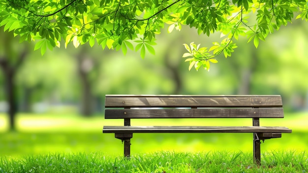 Una escena pacífica en el parque con un banco de madera a la sombra de hojas verdes vibrantes