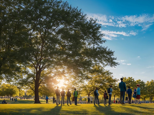 Una escena pacífica en un parque con un grupo de personas en silueta contra un cielo brillante del Día del Trabajo