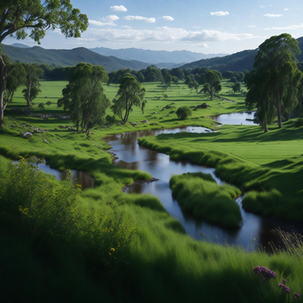 Foto una escena pacífica de un prado cubierto de hierba rodeado de una variedad de árboles río