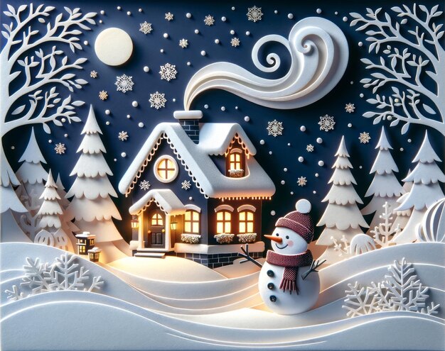 Escena del país de las maravillas invernal con una cabaña cubierta de nieve brillante por la noche 13