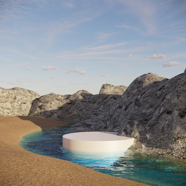 Escena de paisaje desértico de montaña con producto de exhibición de podio