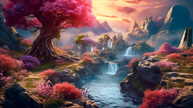 Escena de paisaje de fantasía mágica país de las maravillas generado por Ai