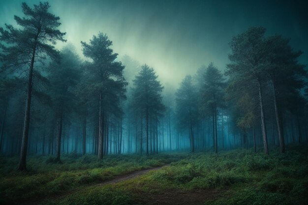 Foto escena de paisaje de fondo de un bosque o bosque surrealista los árboles están deformados en este mundo nocturno de fantasía de imaginación o locura