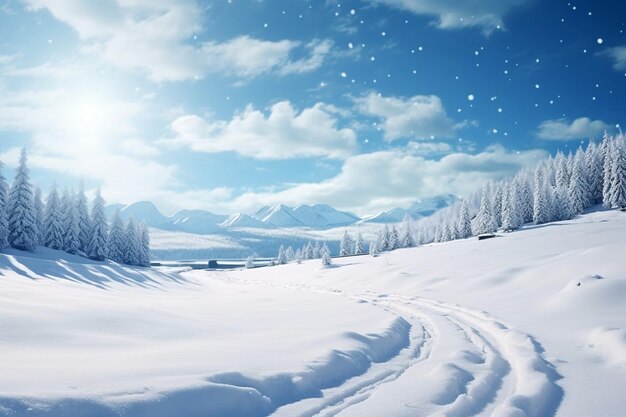 Foto escena de paisaje de invierno con árboles de la casa y diseño de nieve que cae