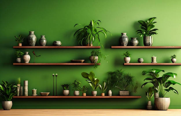 Una escena de paredes verdes con plantas y estantes de madera.