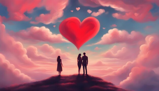 Escena de una pareja buscando nubes en forma de corazón fantasía día de San Valentín