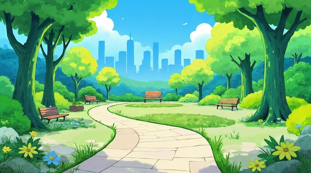 Escena del parque con el horizonte de la ciudad