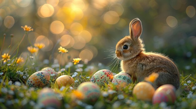 Escena de Pascua abstracta desenfocada con orejas de conejo detrás de la hierba y huevos decorados