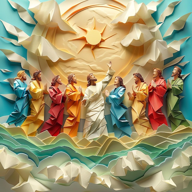 Foto escena de pascua de la ascensión de jesús en origami