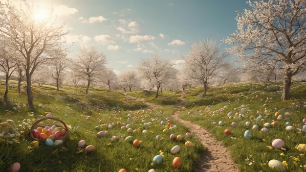 Escena de Pascua con el camino que conduce a la canasta de huevos pintados