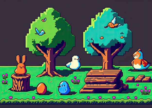 Escena de Pascua de pixel art con conejos y huevos en el fondo del paisaje del jardín para el juego de 8 bits AI