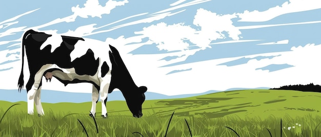 Una escena pastoral serena con una vaca Holstein pastoreando