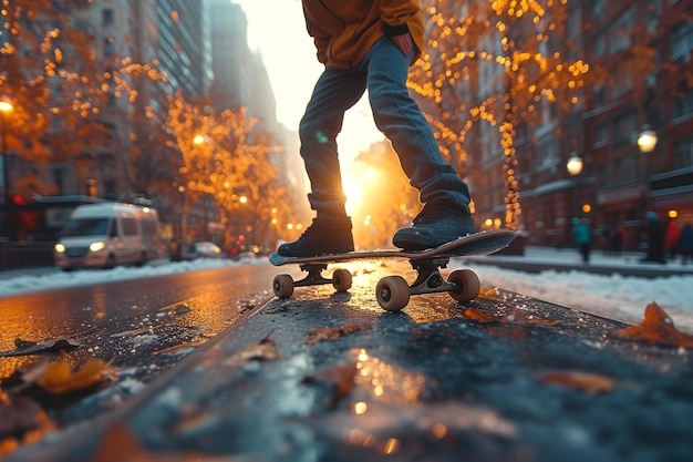 Una escena de patinaje urbano llena de acción con un patinador hábil realizando un truco