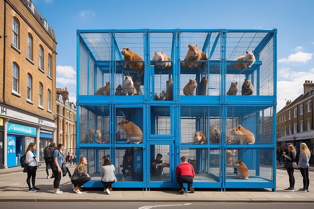 Escena peculiar de Londres Jóvenes británicos en una jaula gigante bebiendo de botellas de agua de hámster con hitos como telón de fondo