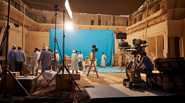 Foto una escena de una película con un fondo azul y un grupo de hombres delante de ella