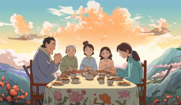 Una escena de la película la historia de una familia sentada en una mesa con una mesa con tazas de té y flores.