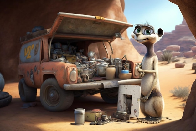 Una escena de la película Meerkats con un coche de fondo.