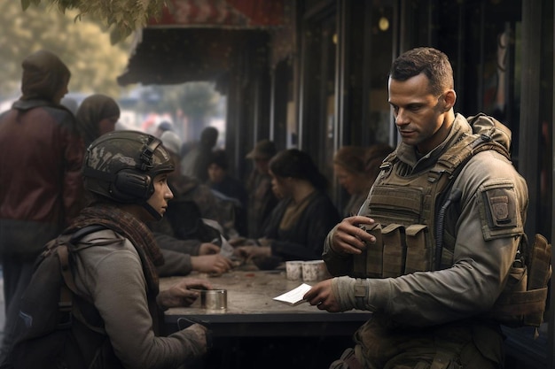 una escena de la película con un soldado y una mujer en uniforme.