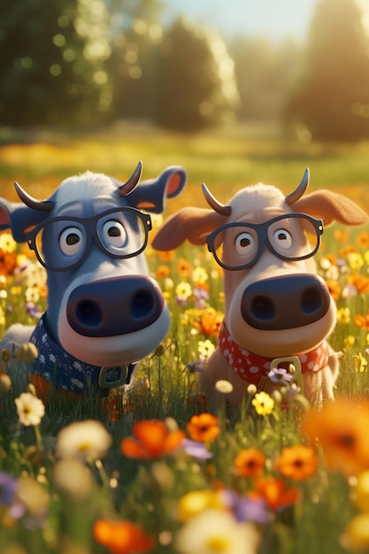 Una escena de la película vacas en un campo de flores.