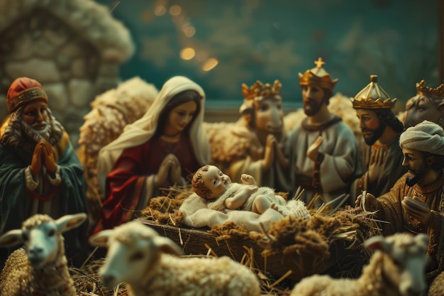 Foto escena del pesebre de navidad con jesús maría josé ovejas hombres sabios