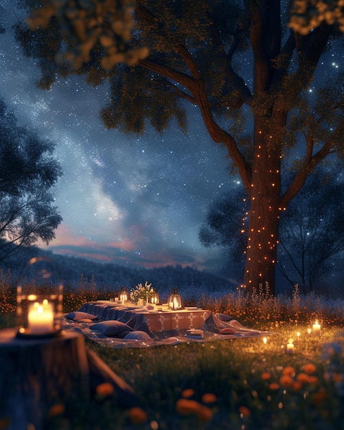 Foto una escena de picnic de la hora de la tierra en 3d bajo las estrellas