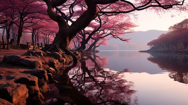 Foto una escena pictórica que captura el reflejo de la cereza generada por ai