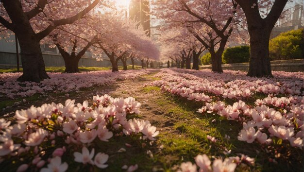 Una escena pintoresca de un jardín de cerezas en flor con delicados pétalos rosados a la deriva en el