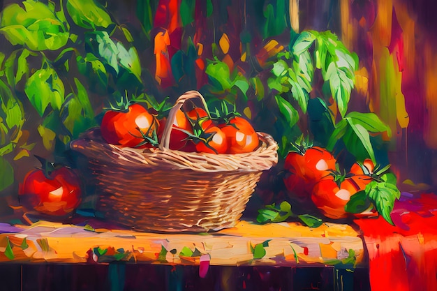 Una escena pintoresca que muestra tomates rojos maduros dispuestos en una canasta tradicional